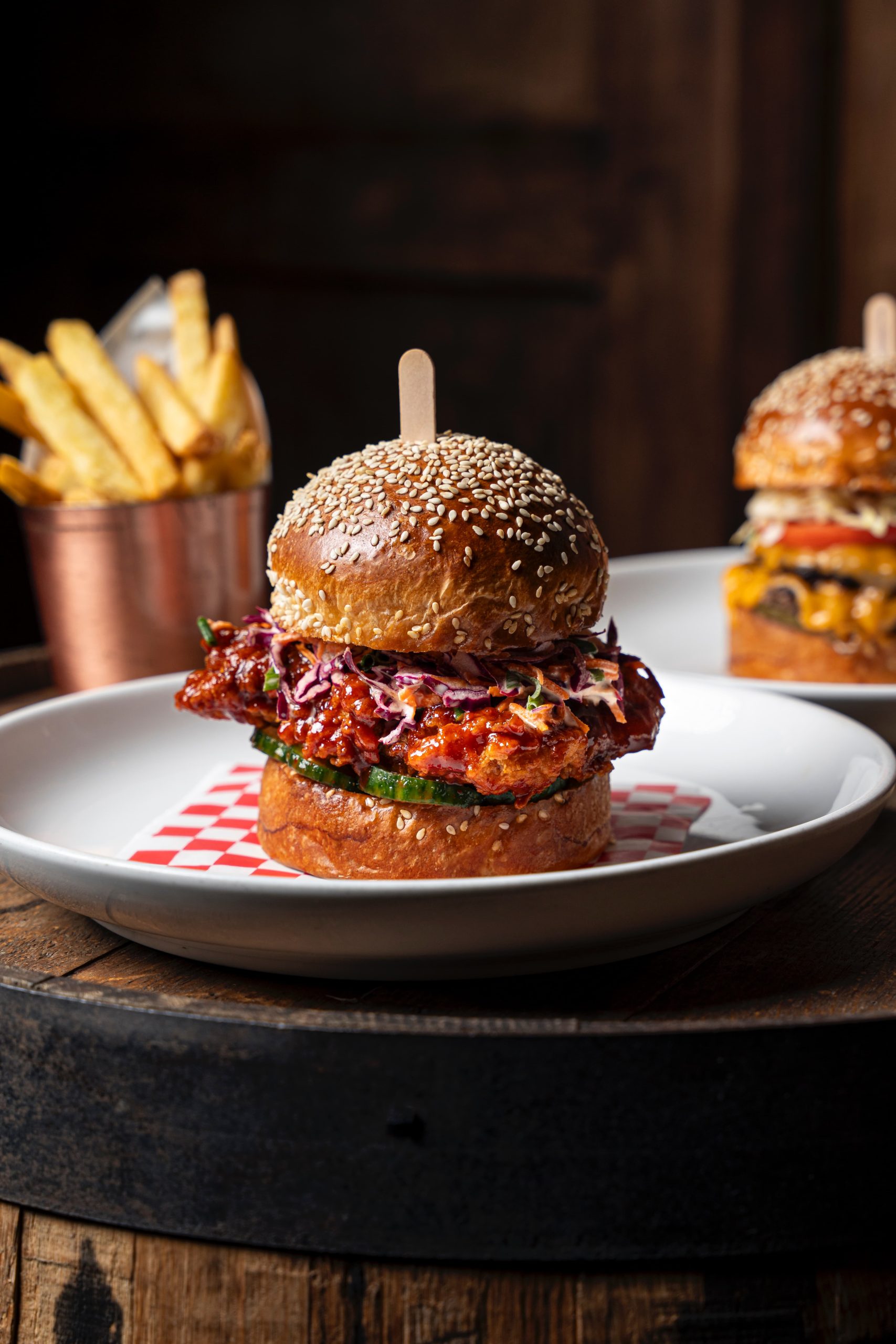 Chicken Sandwich & Fries on a Barrel