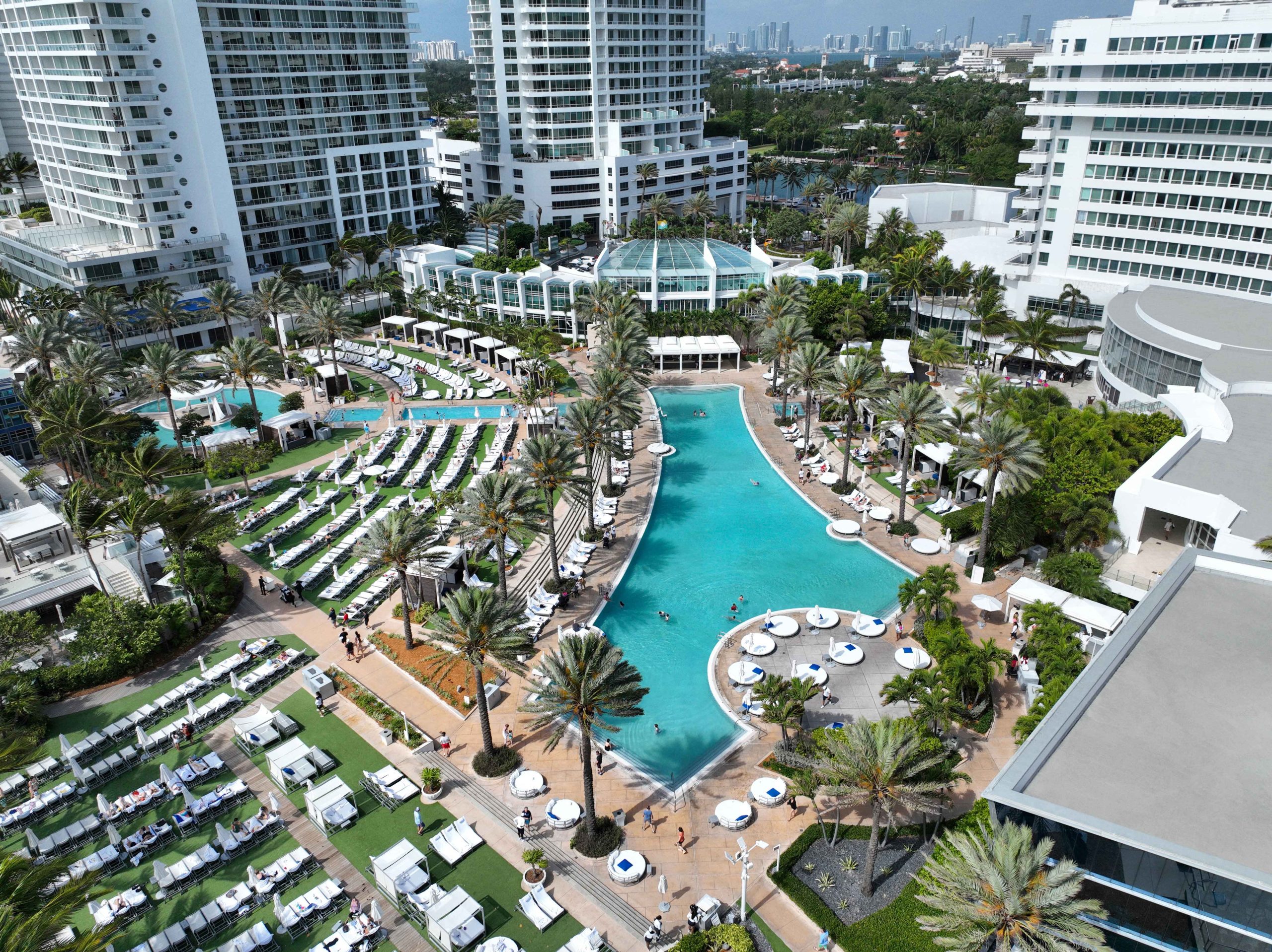 Fontainebleau Miami Beach Aerial Shot showing pools & buildings