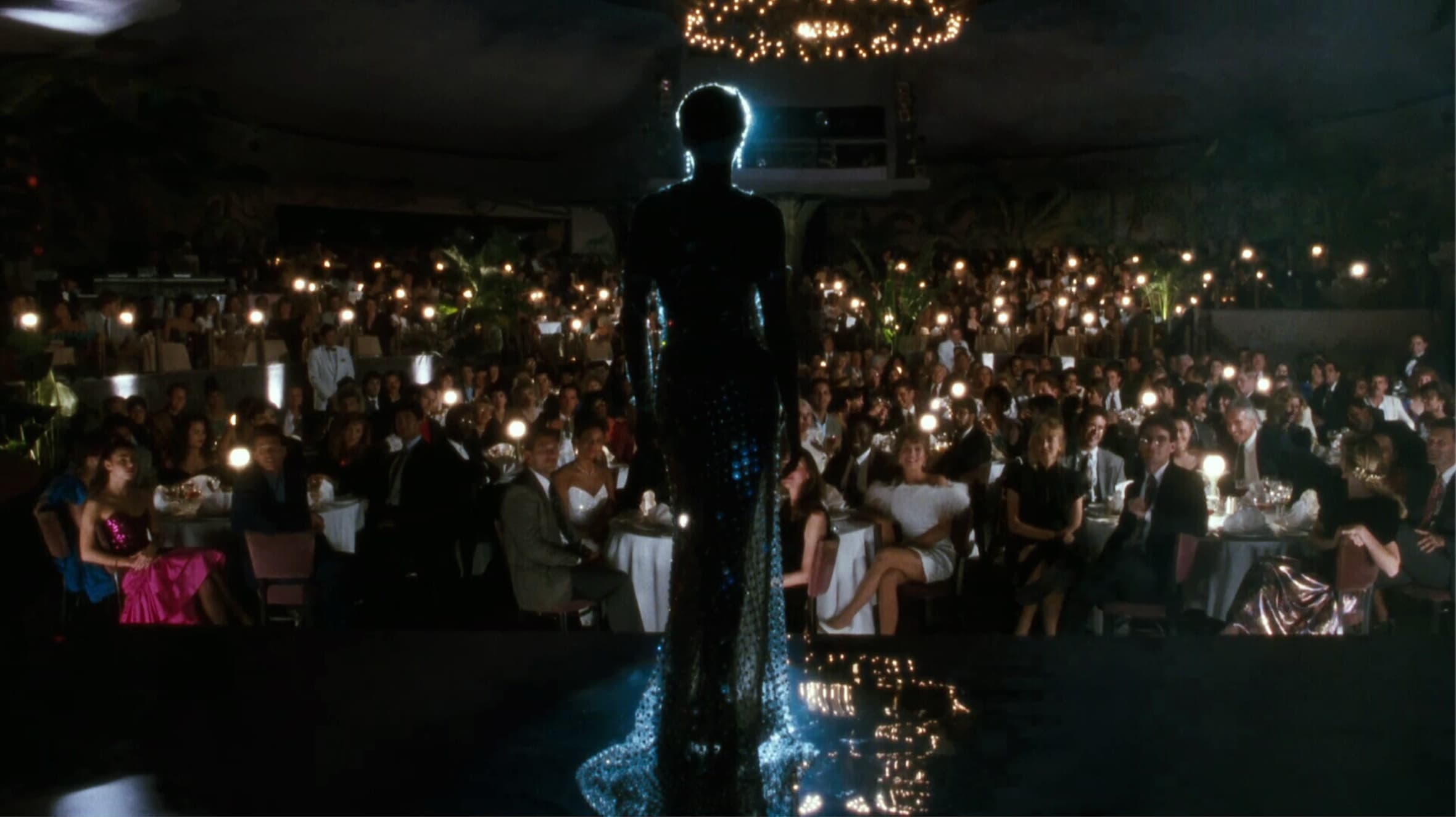 Silhouetted performer on stage in a sparkling gown facing a seated audience at a candlelit venue.